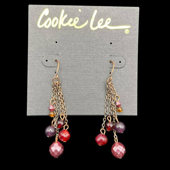 Vintage Cookie Lee Earrings Dangle Beads Crystal Pink Red Brass Tone NEW - Picture 2 of 6